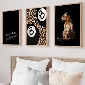 Black Leopard Wall Art Prints Set of 3 Leopard Cheetah Print 8 Ball Lucky Trendy Animal Print Poster Trendy Y2K Home Decor Poster (UNFRAMED)