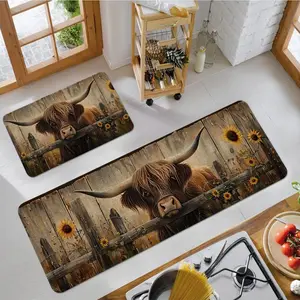 Highland Cow Sunflower Kitchen Cloth Set, Rectangular Polyester Mat for Laundry Room Bathroom Kitchen Living Room, Holiday Gift Idea, Farmhouse Kitchen Rug