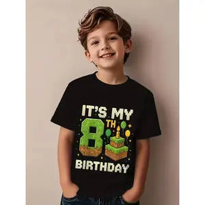 ' 8th Birthday T-Shirt - Age 8 Number 8 Design with Birthday Boy Text - Soft Comfortable Round Neck Short Sleeve Top for 8 Year Party Outfit, Summer Casual Wear (Machine Washable)
