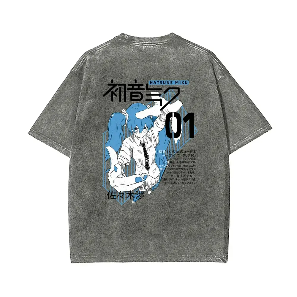 HATSUNE MIKU Unisex Couple T-shirts Washed T-Shirt Anime Character Pattern Print Casual T-Shirt Soft Cotton Comfortable Everyday S 4XL 5XL Kove Clothing Wear