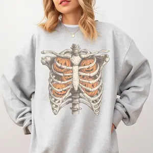 Skellie Rib Cage With Pumpkins Sweatshirt - Ash Grey - Spooky Sweatshirt Fit Womenswear Comfy Unisex Jersey Fabric 50% Cotton 50% Polyester Aesthetic