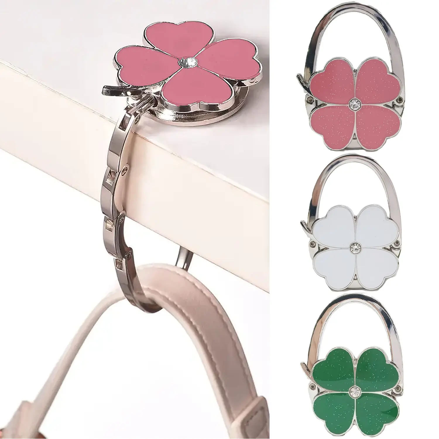 Zinc Alloy 4-Leaf Clover Foldable Bag Hanger, Tabletop Purse Hook with Non-Slip Base and 12 lb Capacity for Dining, Travel