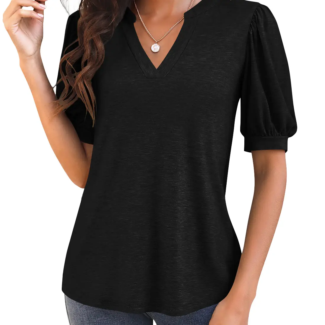Minimalist PiePieBuy Women's fashion summer pleated button lace half sleeve T-shirt V-neck solid color casual Tunic top Fit Black Shortsleeve Silky L