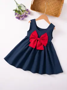 Girls' Casual Dress, Wide Strap Round Neck Pure Color Bowknot Knee-Length, Summer Sweet Cute Fashion, Suitable for 3-8 Years Girls