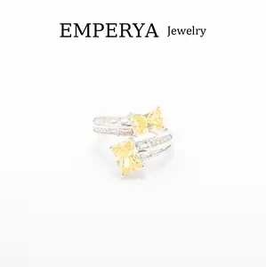 EMPERYA Silver Tone Double Toi et Moi Ring | Radiant Yellow Emerald Cut Dual Stone Ring | Sparkling Micro-Pave Criss-Cross Band | Elegant Anniversary Statement Ring for Women