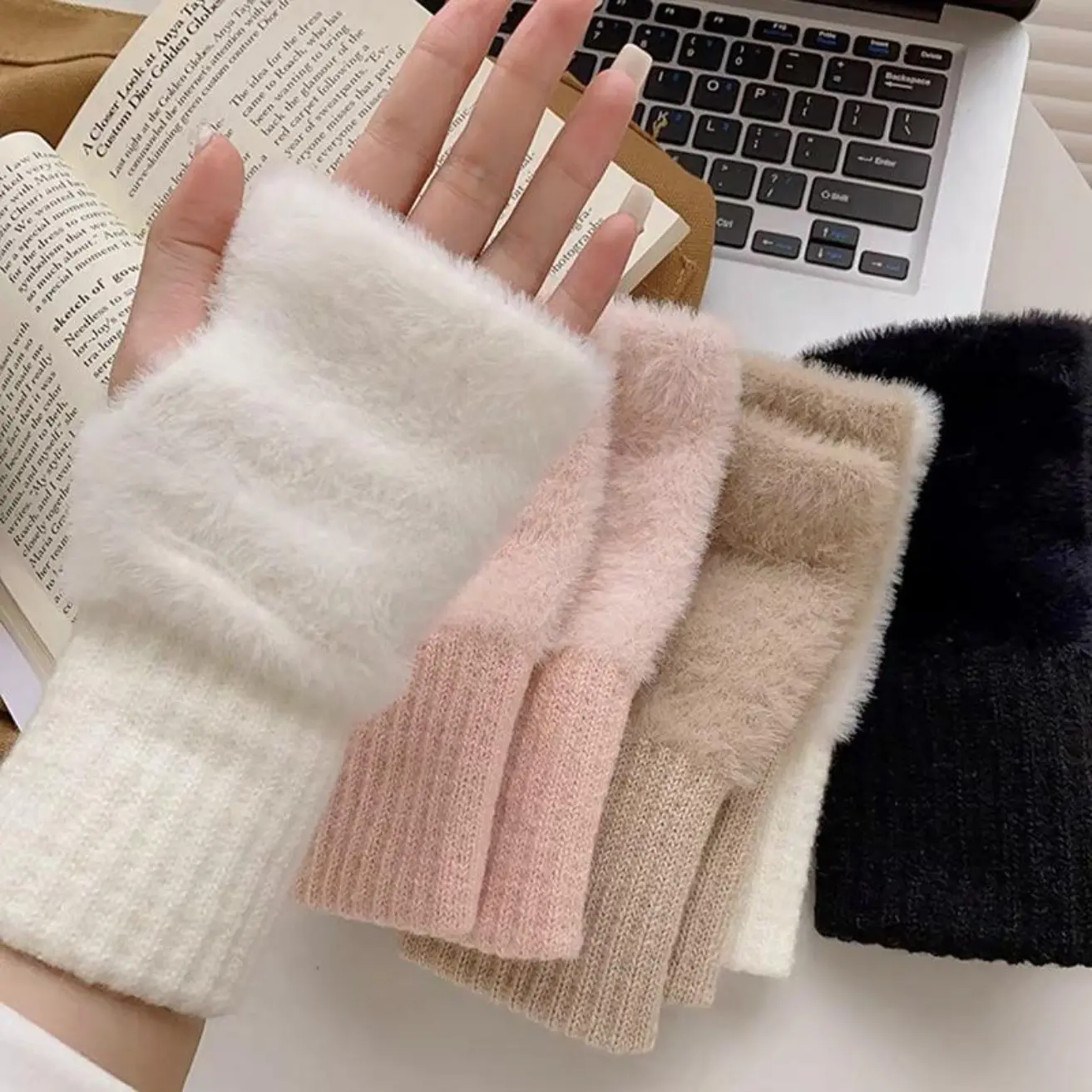 Stylish fingerless gloves, suitable for women, soft and warm, comfortable for winter, solid color plush knit gloves.