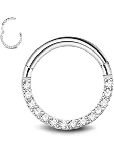 Unique 1 Pc Silvery Hinged Septum Clicker Nose Rings Hoop 316L Surgical Stainless Steel Septum Ring for Women Men Shining Opal 3A CZ Cartilage Conch Helix Rook Body Piercing Jewelry