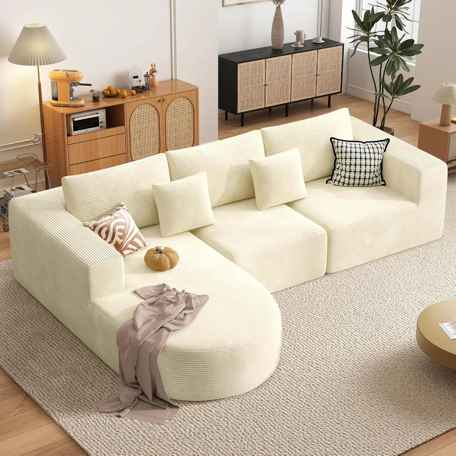 【2 Packages shipping】Modern Modular Sofawith Deep Seat Upholstered Comfy Couches for Bedroom Corduroy Fabric Boneless Couches for Living Room,Cloud Sectional Couch with L-Shape Chaise ,No Assembly Required