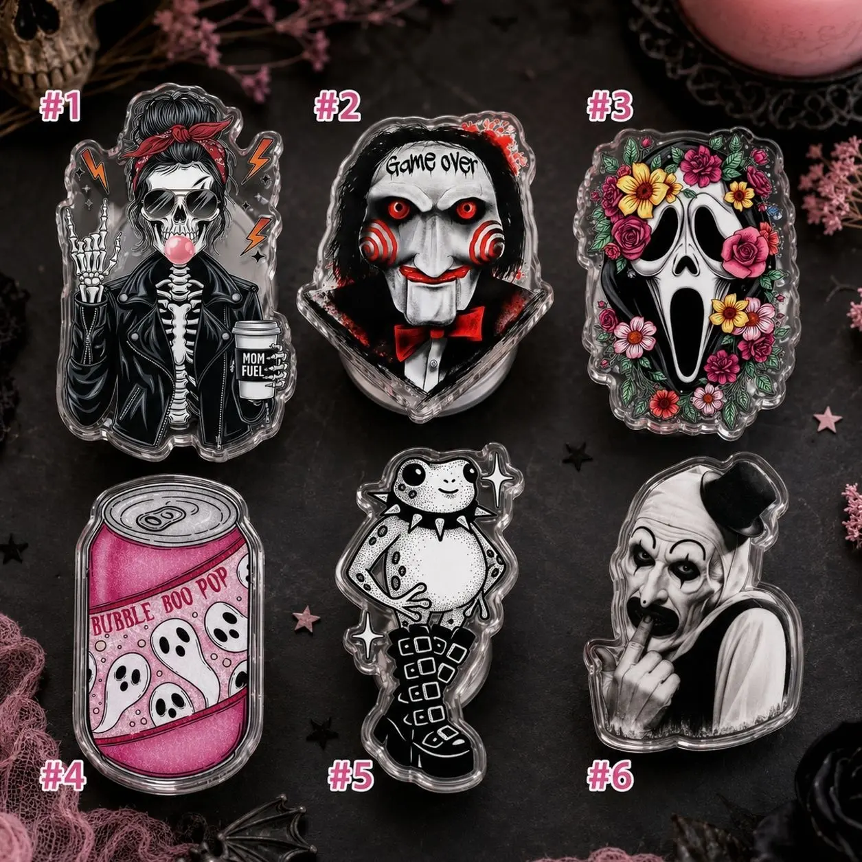 Gothic Horror Magnetic Phone Grip, Spooky Skeleton Ghost Clown Phone Stand for Smartphone & E-Reader, Halloween Gift, 6 Styles