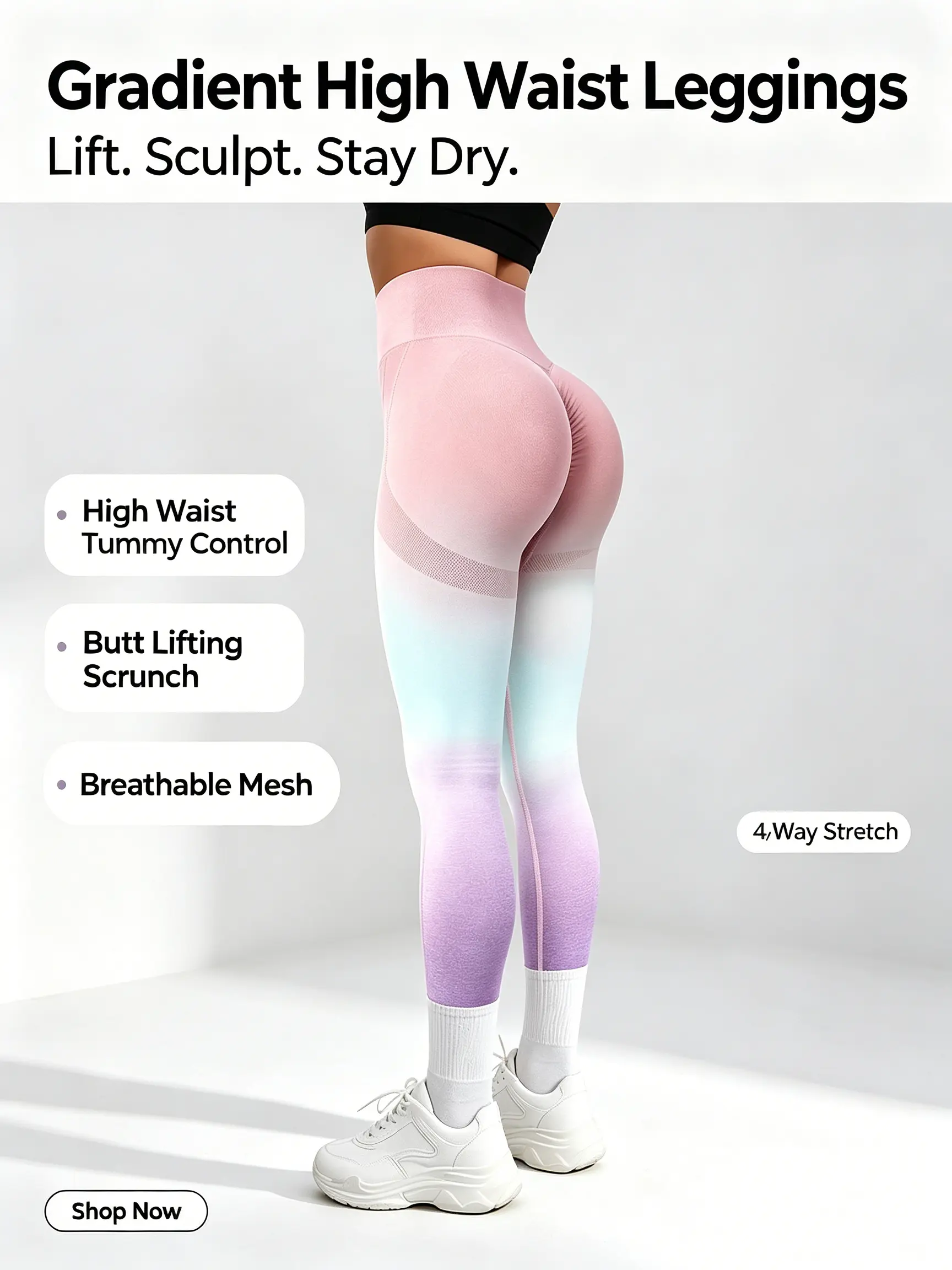 Pastel Gradient Seamless Leggings for Women - High Waist Tummy Control Scrunch Butt Lifting Compression Yoga Pants, Ombre Workout Leggings for Gym & Casual Clothing