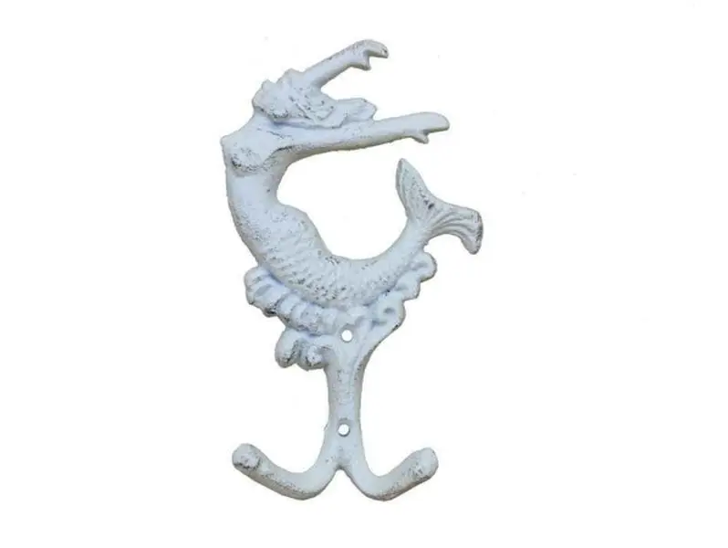 Handcrafted Model Ships K-0572A-W 6 in. Cast Iron Mermaid Key Hook - Whitewashed