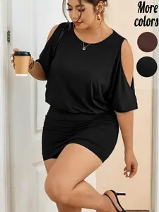 【Plus‑Size】1 Piece Cold‑Shoulder Short Sleeve Ruched Two‑Piece Bodycon Mini Dress, Casual Sexy Y2K Streetwear Style, Soft Draped Fabric & Figure‑Flattering High‑Waist Ruched Skirt, For Curvy Women, Perfect for Brunch Dates, Daily Styling & Urban Nightlife