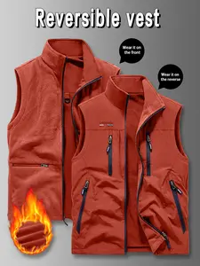 Men's Double-Sided Outdoor Vest with Pockets, Fleece Lined, Oversized Loose Fit Workwear Casual Jacket for Autumn and Winter Menswear Tops Sport Athletic Orange Red Activewear