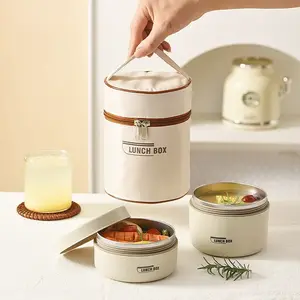 [Stainless Steel Insulated Lunch Box] Japanese Style 1pc Stainless Steel Insulated Lunch Box - Double Layer Round Food Grade Bento Meal Box With Lid, Microwave Oven
