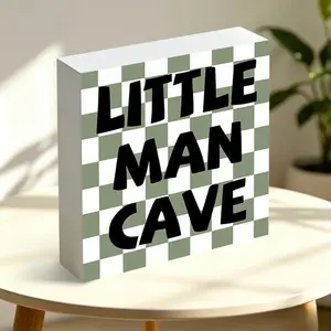 1pc Green ＆ White Checkerboard "Little Man Cave" Boy PVC Desktop Decoration, Simple Children's Room Letter Decoration Ornament, Suitable for Boy Bedroom, Living Room, Study, Home, Office Desktop Decoration