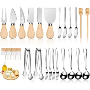 Charcuterie Board Accessories Wooden Cheese Spreader Knife Set, Wood Handle Butter Knives For Cheese Kit, Mini Cheese Knife Slicer With Tongs, Spoons, Forks,Honey Dipper (23 Pack)