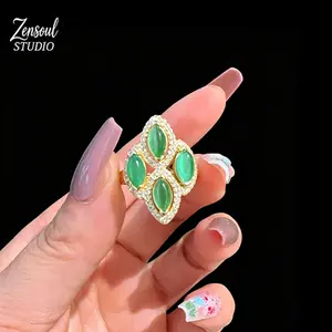 Adjustable Four Leaf Clover Ring - Vintage Luck Charm Crystal Ring | Emerald Green Cat Eye Manifestation Jewelry, Spiritual Abundance Gift for Her
