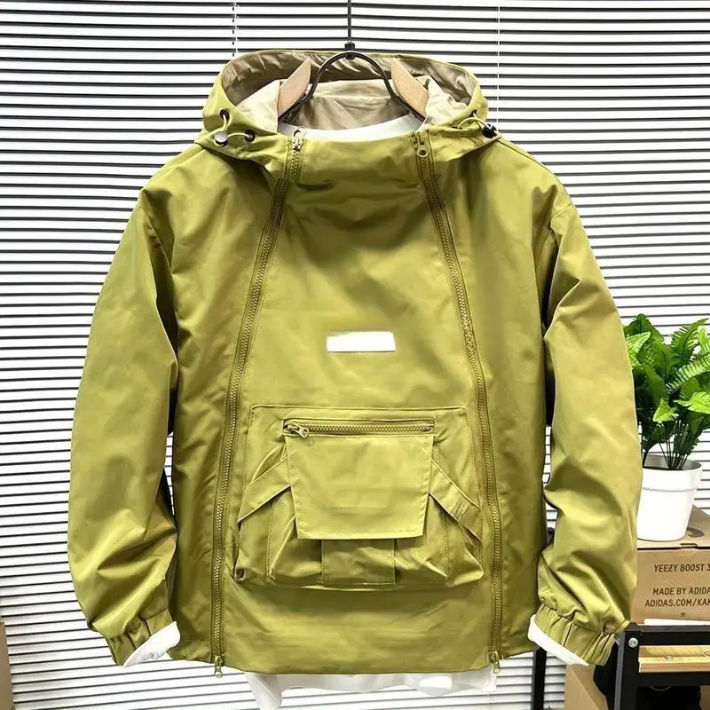 Men's Workwear Hooded Double-Zipper Loose Pullover Jacket - Menswear Long Sleeve Casual Tops with Pocket, Autumn American Retro Minimalist Trendy Coat