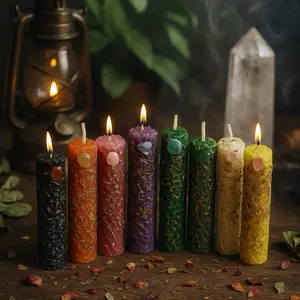 UnaLunaMoona Intention Candles Kit - 9 Handmade Candles with Crystals & Oils, 4" H x 0.9" Diameter, Perfect for Intention, Manifestation and Rituals - Set, Decor Decoration