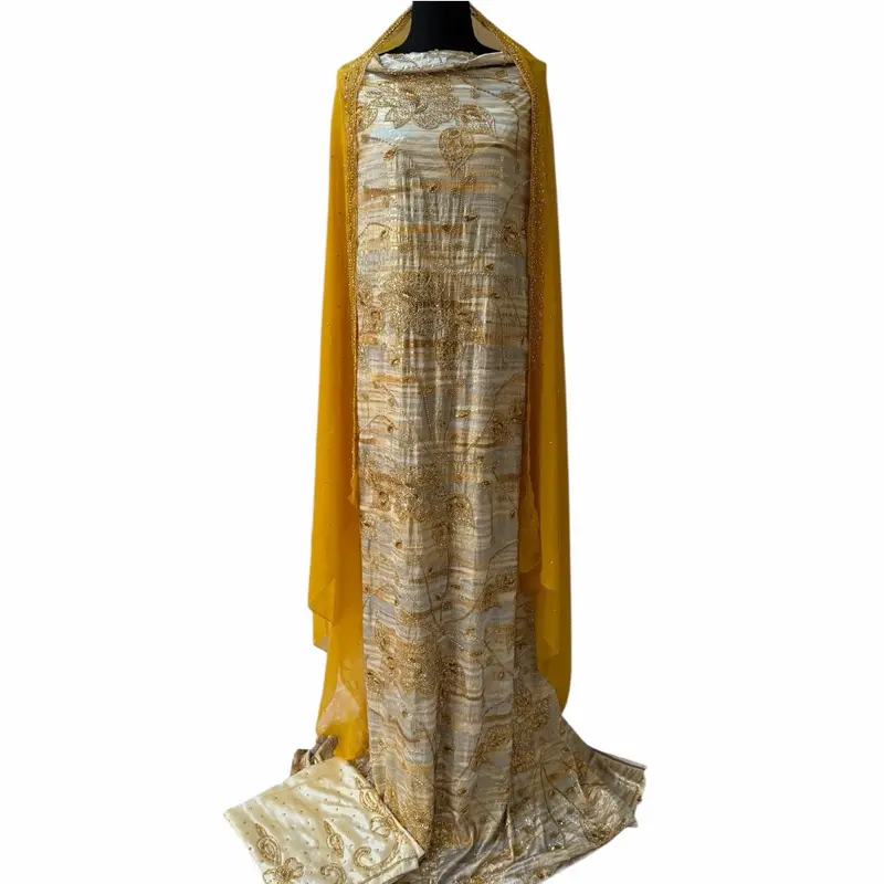Golden Pearl 3 pcs Unstitched Driya with Cream Gold Floral Embroidery & Bead Accents for Wedding Eid & Formal Occasions