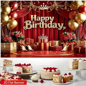 Red and gold royal birthday party decoration banner, crown and rose gift backdrop, suitable for living room, bedroom, office, birthday, anniversary and home décor, outdoor and indoor parties, photography backdrop, birthday party supplies.
