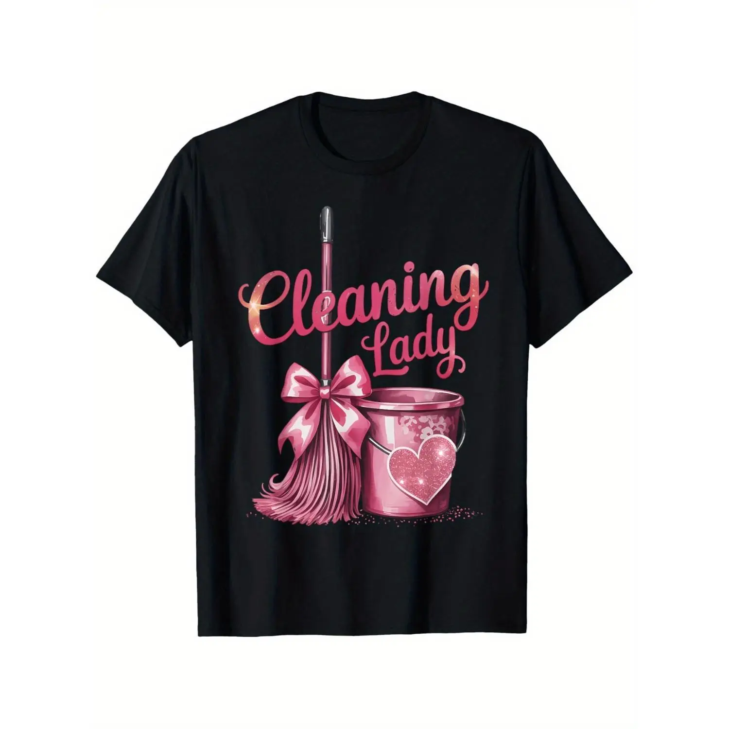 Heavyweight Cotton T-Shirt for Women with Cleaning Lady Graphic, Casual Loose-Fit Shortsleeve Workwear, Double-Reinforced and Not Easy to Sag, Breathable, Graphic Print, All Seasons, Unisex, Round Neck, Baggy