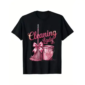 Men S Cleaning Lady Housekeeper T Shirt with Text and Bucket Graphic Black and Pink Casual Workwear for All Seasons