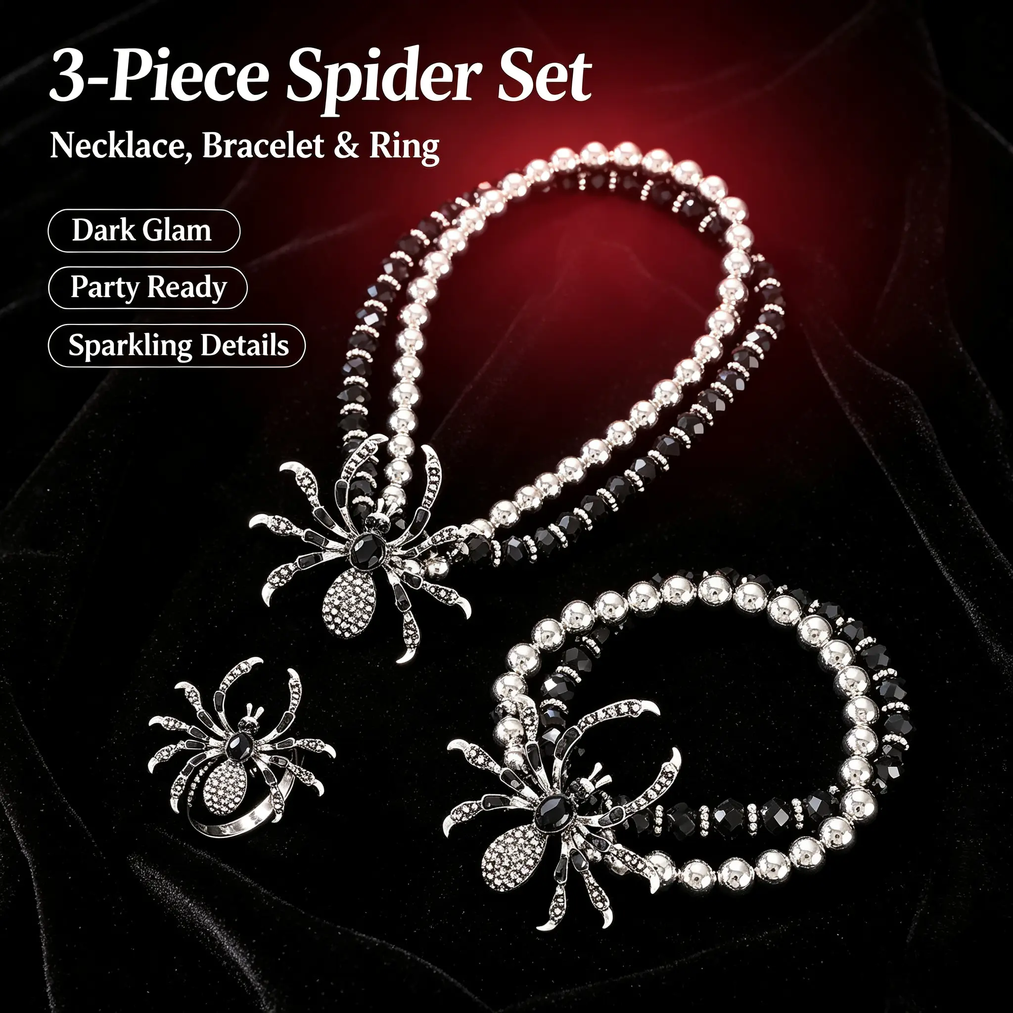 2026 Gothic Dark Punk Exaggerated Halloween Diamond-Studded Spider Necklace, Bracelet, and Ring Set for Women and Men