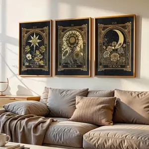 3pcs Vintage Tarot Card Wall Art Set, Wooden Frame Sun Moon Print Star Floral Design, Modern Home Decor for Living Room & Bedroom