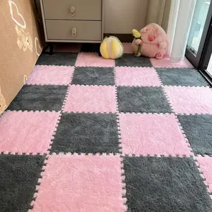12Pcs Interlocking Carpet Tiles,12"x 12" Plush Interlocking Foam Carpet Tiles with Border,Fluffy Play Mat Floor Tiles Thick Padded Squares Foam Tiles for Playroom Decor (Pink+Grey)