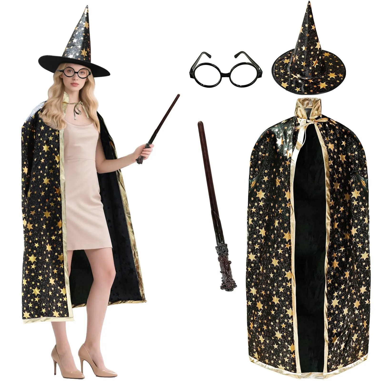 4 Pack Halloween Wizard Costume Set for Adults, Include Witch Cloak, Wizard Hat, Wand and Round Glasses for Men Women, Ideal for Parties & Photos(Black Gold)