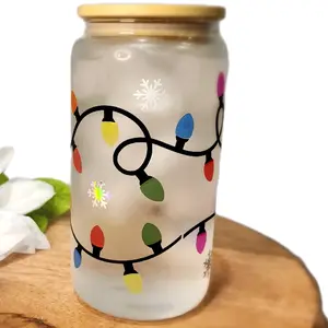 Holiday Glass Can with Bamboo Lid and Plastic Straw - Perfect Christmas Gift - Cup, Christmas Gift
