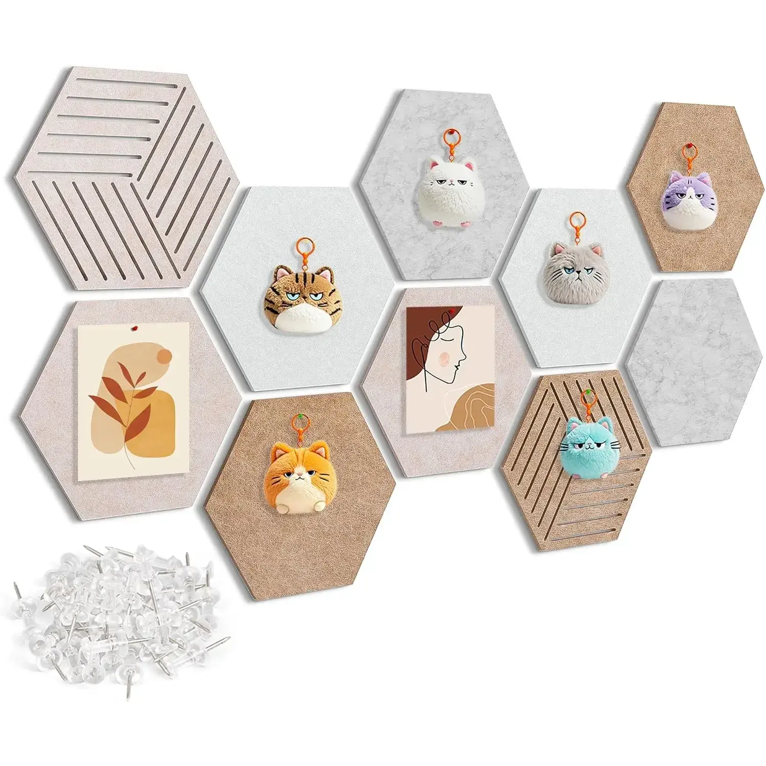 Decorative Hexagon Felt Cork Bulletin Board Tiles (10 Pack, 11.8" x 10.2") - Adhesive-Mount, Odourless, Lightweight Polyester Fiber Pinboard for Indoors, Wall Decor, Displaying Photos, Office Use with 30 Push Pins