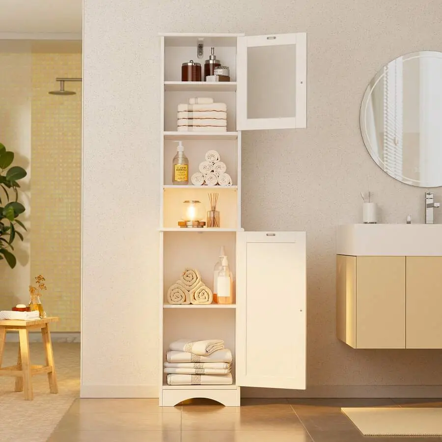 Narrow Tall Freestanding Drawer Storage Cabinet - 2-Way Doors, Adjustable Shelves, Open Shelves - Modern Credenza, Bathroom Sink Unit for Bathroom, Living Room Indoor Furniture, Modern Credenza Cabinet