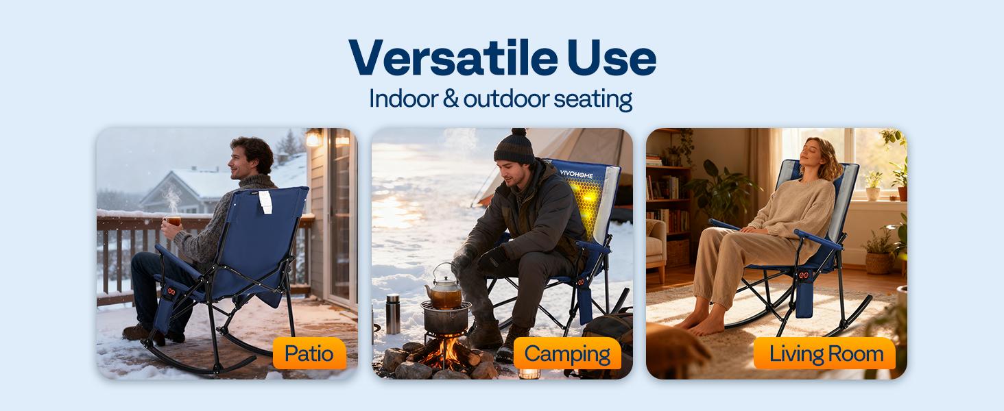 VIVOHOME 45W Padded Heating Rocking Camping Chair, Heated Oversized Portable Lawn Chair for Outdoor Sports, 3 Levels of Heat, Overheat Protection System