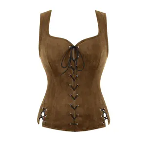 Women’s Pirate Renaissance Costumes, Steampunk Pirate Vest, Viking Costume Bodice, Halter Corset, Underwire Corset Top, Beige Cosplay Cutout Bodysuit, 71001-D1