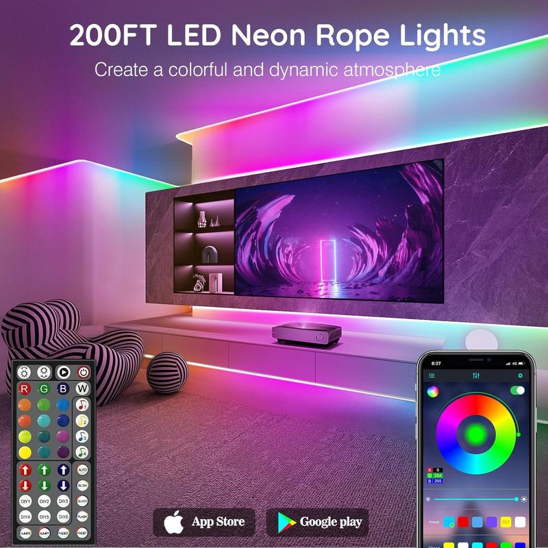 SINLEY Led Neon Rope Lights 200FT,Control with App/Remote,Flexible Led Rope Lights,Multiple Modes,IP68 Outdoor RGB Neon Lights Waterproof,Music Sync Gaming Led Strip Lights for Bedroom Indoor