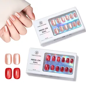 THREE COLOUR FISH Cat-eye Press On Nails - Lamp-Curable 4-Week Wear Pink Short Almond Press On Nails with Glue and Adhesive Tabs, Easy-to-Apply in 16 Sizes - 32 Nails All-in-One Kit
