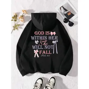 Women's Inspirational Quote Hoodie with Psalm 46:5, Casual Style Floral Design, Loose Fit Polyester Knit, Fall & Winter Wear