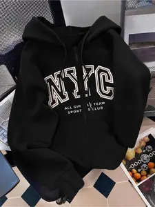 Women's Hooded Zipper Sweatshirt, Nyc Graphic Letter Print, Casual Teacher Jacket, Back-To-School, Graduation, Daily Wear, Winter Coat