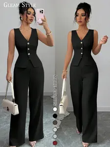 2026 New European and American Women's 2-Piece Set, Waist-Cropped Sleeveless V-Neck Top + Wide Leg Pants, Fashion Professional