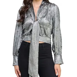 Women's Metallic Plunge Neck Long Sleeve Top - Shirts