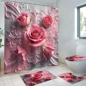 Rose Floral Pattern Bathroom Decor Set, 4 Counts/set Including Shower Curtain Sets & Toilet Lid Cover & Floor Mat & U-shaped Mat, Bathroom Accessories, Bathroom Supplies, Home Goods