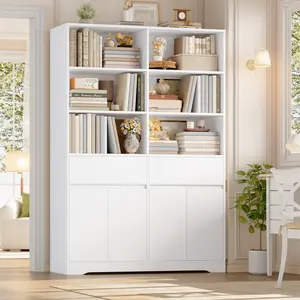 FOTOSOK 69" Bookshelf with Doors, Bookshelf and Bookcase with Drawers, Tall Bookcase Wooden Shelf Storage Cabinet for Home Office