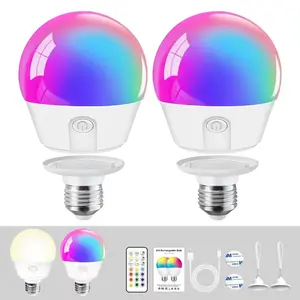 2-Pack E26 Remote Timer Rechargeable LED Bulbs, 3 Color Temperatures, 9 RGB Colors, Dynamic Modes, Wall Lamp, Desk Lamp, Emergency Battery, Dimmable