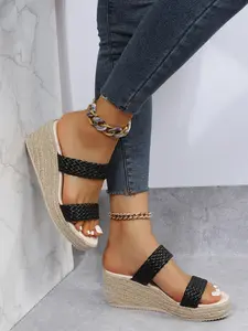 Wide Width Espadrille Wedge Sandals for Women, Braided Double Strap Slip-On Open Toe Shoes, Comfortable Platform Summer Sandals