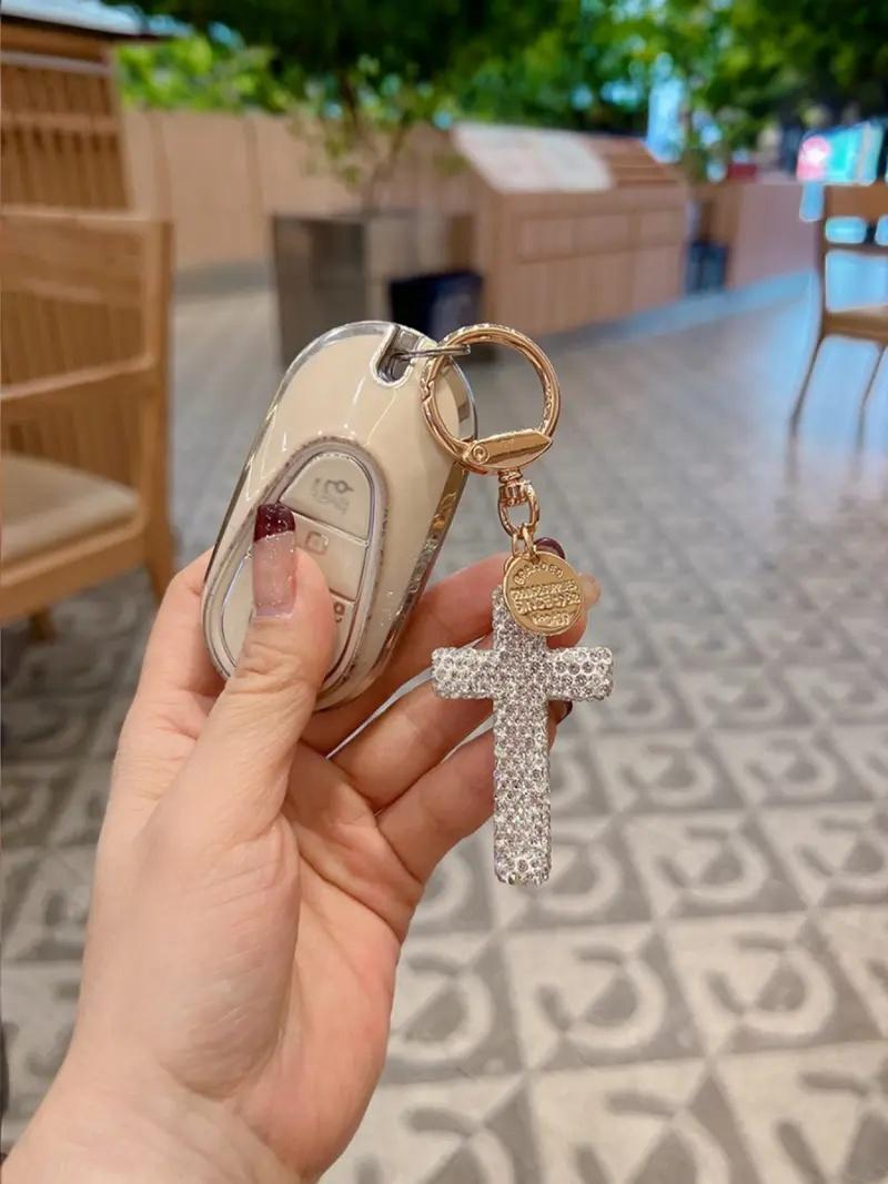 Ceramic Cross Keychain with Rhinestones, Creative Car Key Chain, Keychain Jewelry, Unisex Bag Charm, Valentine's Day Gift, All Seasons, Bag Pendant Keychain