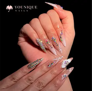 Buy 10, Get 5 Free! [Machine-Made] 24pcs/set ReusableFalse Nails with Rhinestone & Floral Decor For Women & Girls DIY NailsArt, French Style Press On Nails, Stickon Nails Glue On Nails, Manicure FullCover Sticker Nails Gift