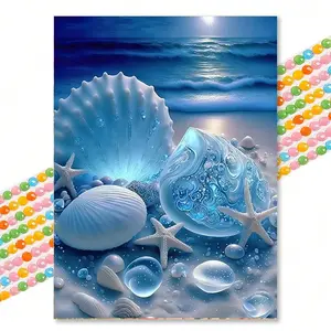 5D Full Drill Moonlight Beach Shell Diamond Painting, Dreamy Ocean DIY Handmade Embroidery Wall Art for Living Room Sofa Background