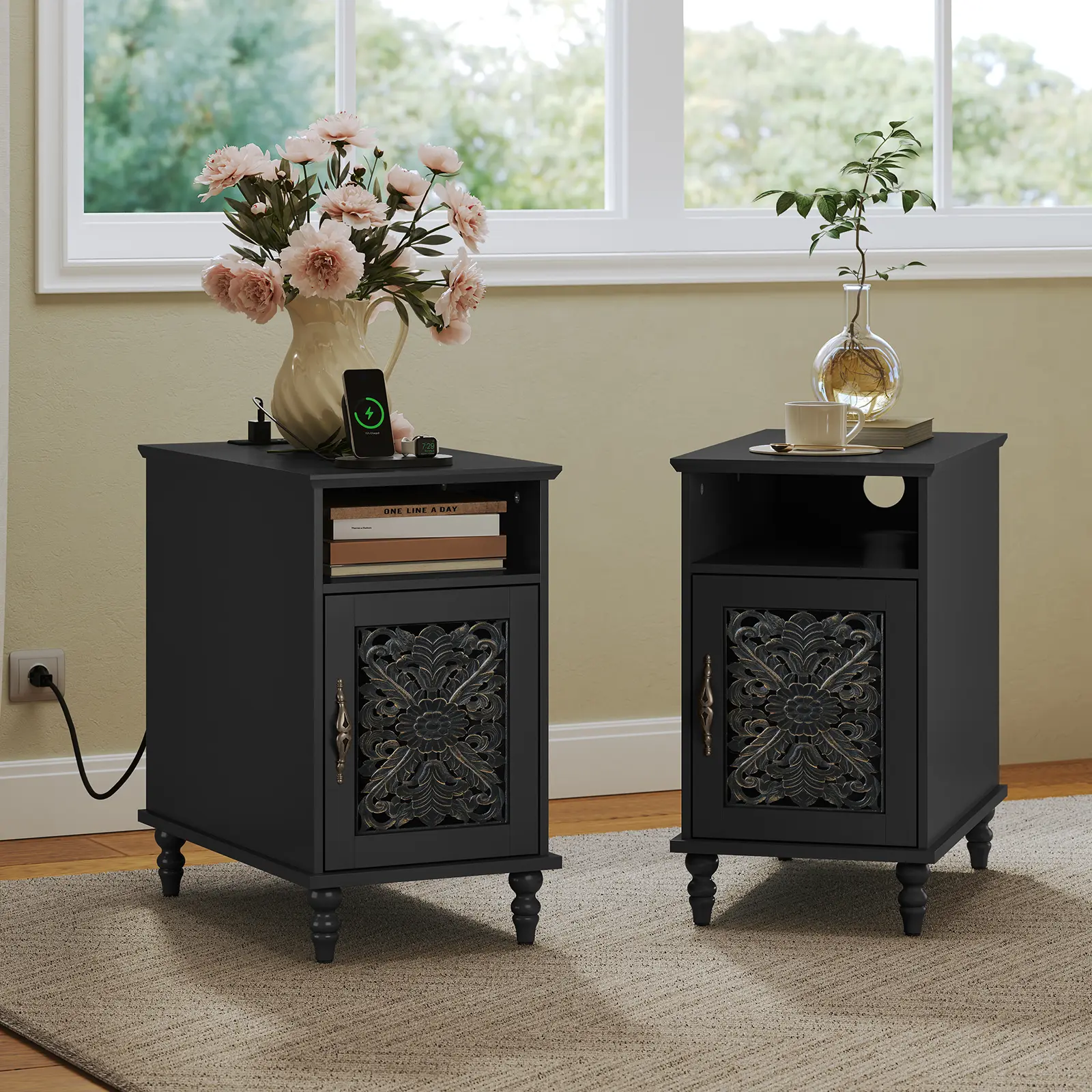 Black - Vintage Carved Nightstand